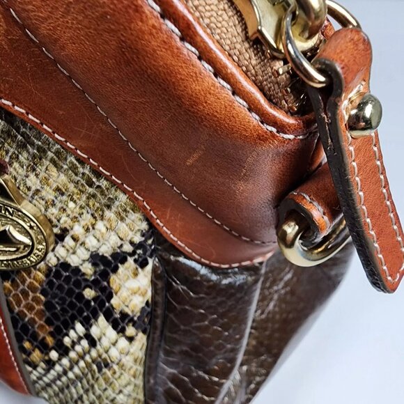 Brahmin Louise Rose Embossed Snakeskin Leather Satchel Handbag Brown Trim Strap - Picture 9 of 16